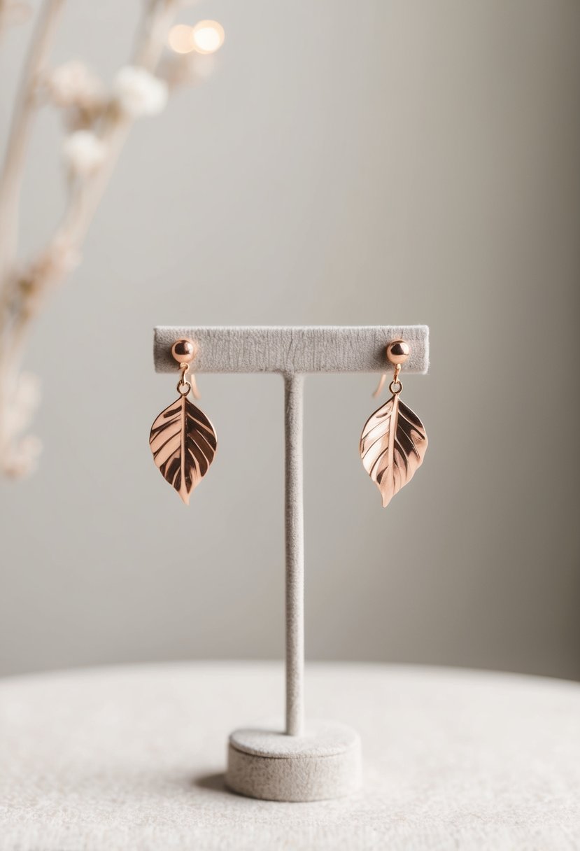 A delicate pair of rose gold leaf earrings displayed on a velvet jewelry stand, set against a soft, neutral background