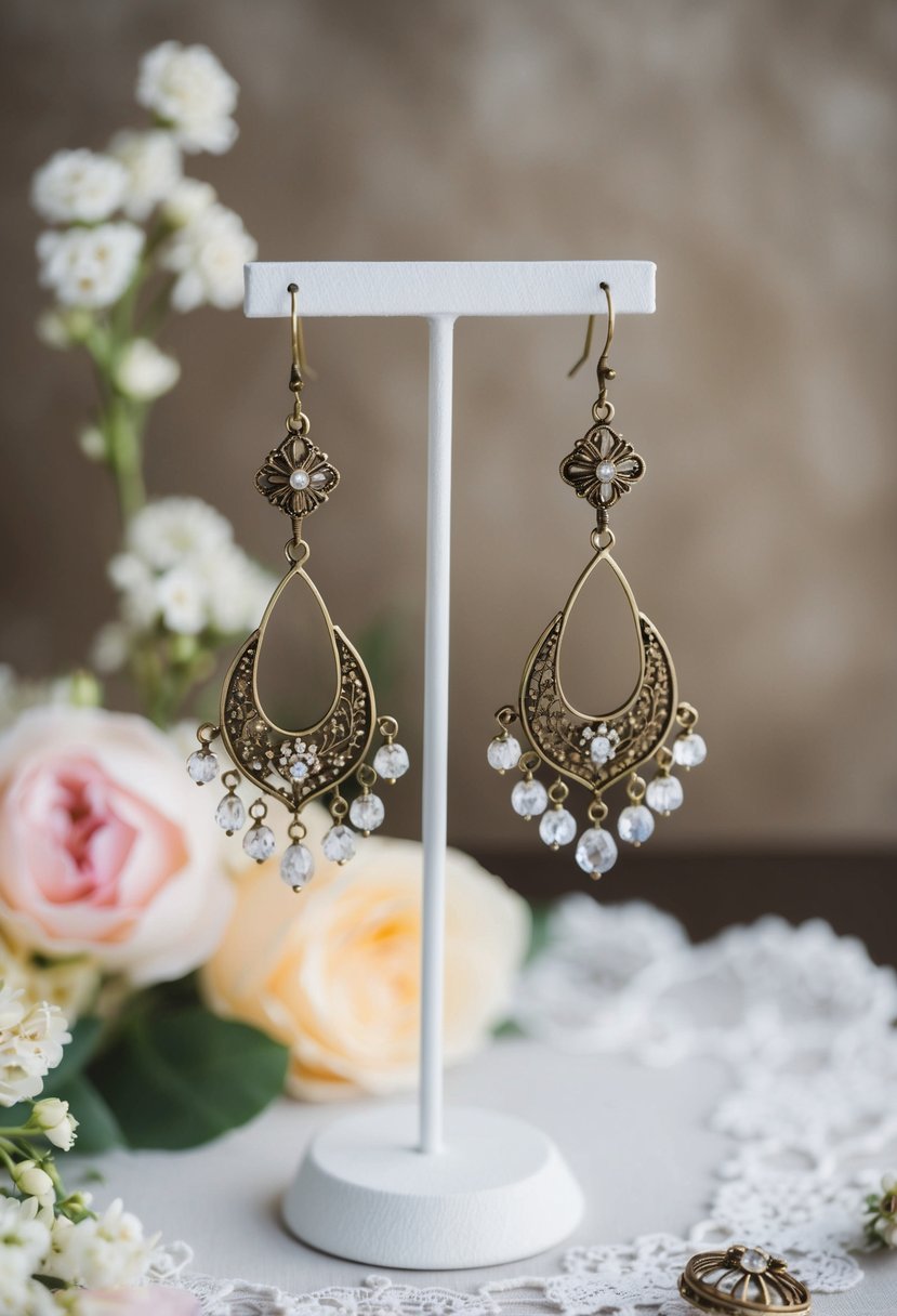 A pair of vintage-inspired chandelier earrings hanging from a jewelry stand, surrounded by delicate lace and floral accents