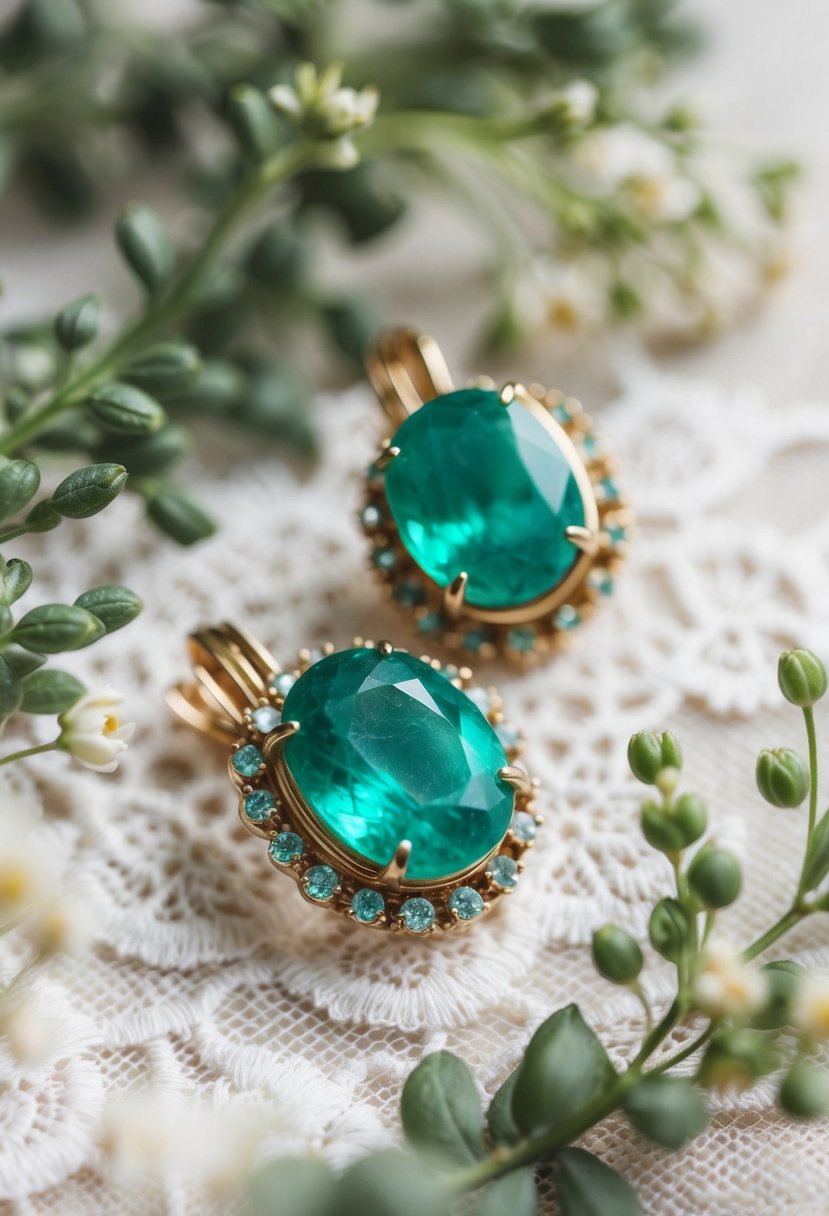 A close-up of vintage emerald clip-on earrings on a lace background, surrounded by delicate greenery and flowers