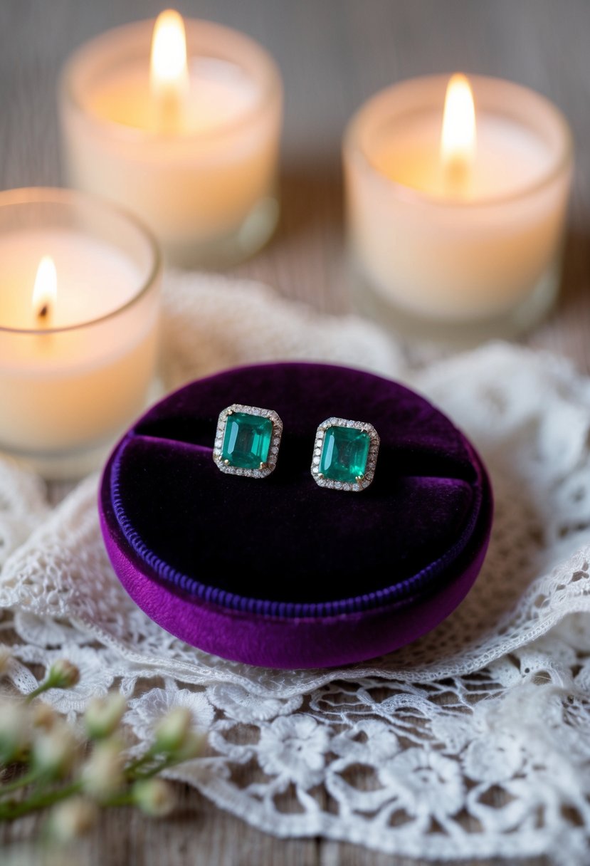 A pair of emerald cut studs glimmering on a velvet cushion, surrounded by soft candlelight and delicate lace