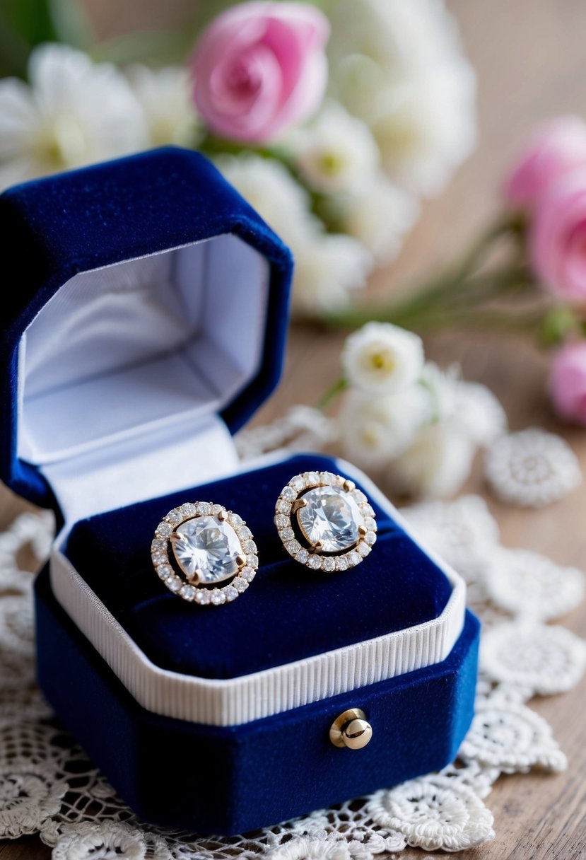 A close-up of sparkling CZ halo studs on a velvet jewelry box, surrounded by delicate lace and floral motifs