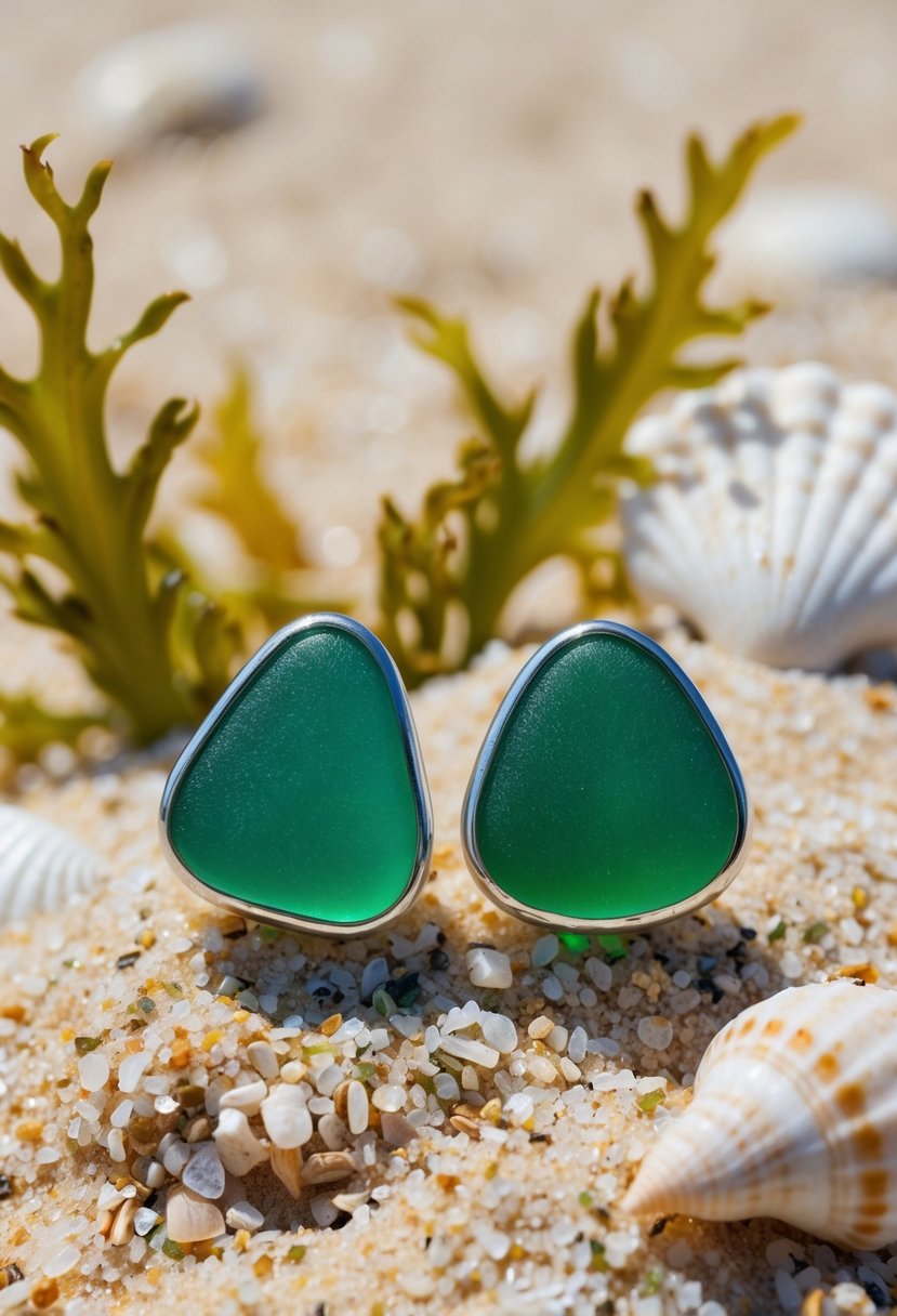 A pair of sea glass studs in shades of green, resting on a bed of sand and surrounded by delicate seashells and seaweed