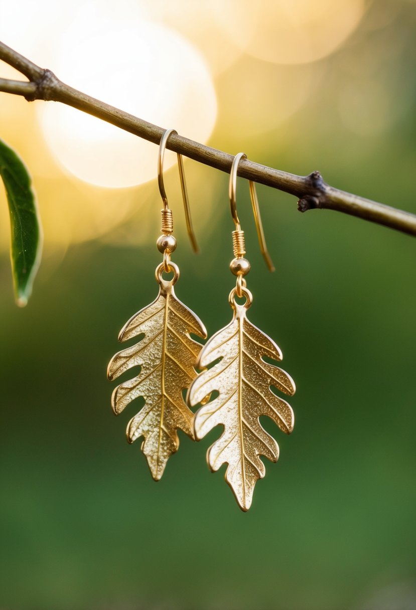 A delicate oak leaf earring dangles from a golden branch, catching the light with its shimmering finish