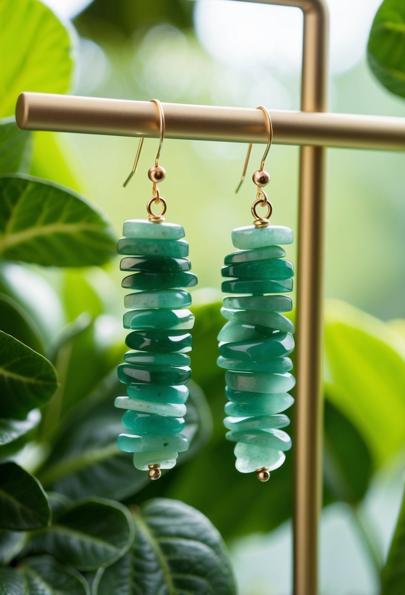 A pair of delicate green aventurine threader earrings hanging from a display stand, surrounded by lush greenery and soft natural lighting