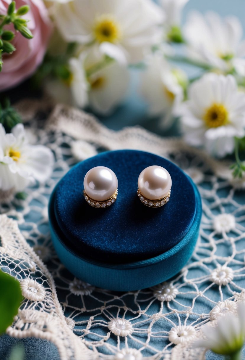 A pair of cultured freshwater pearl studs displayed on a velvet cushion, surrounded by delicate lace and floral details