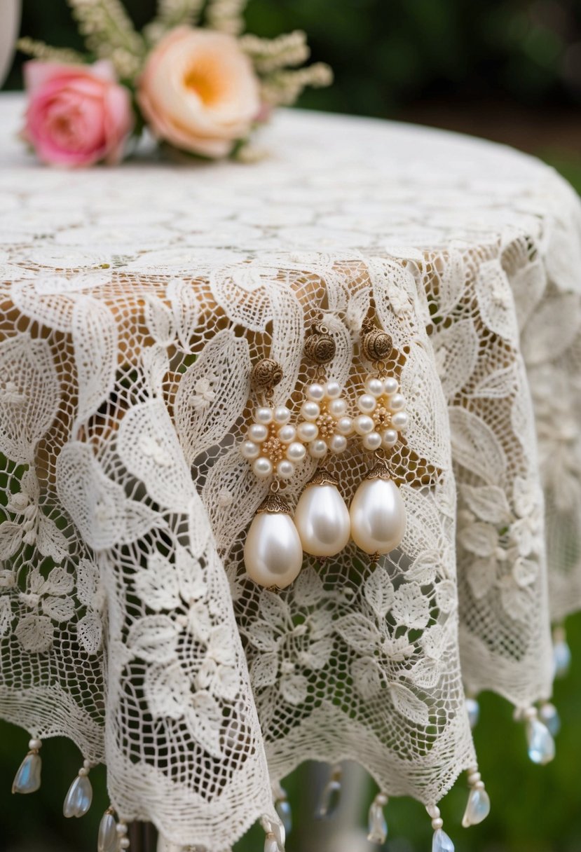 A vintage lace tablecloth draped with antique pearl drop earrings and delicate floral accents