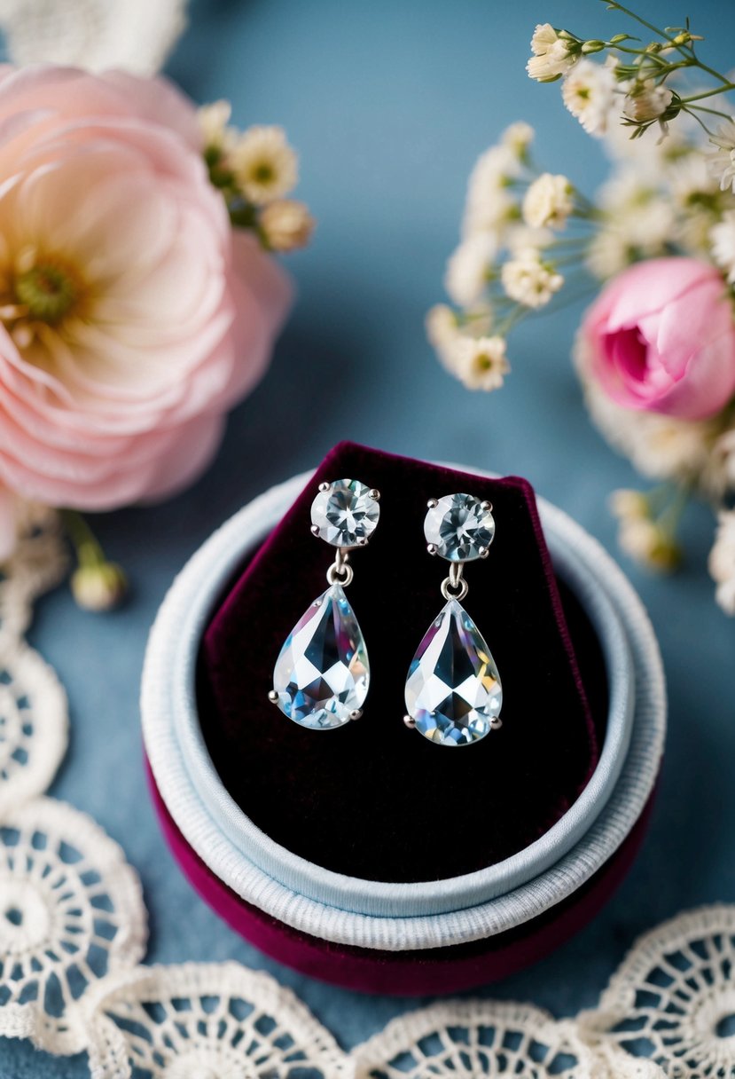 A pair of Swarovski Crystal Teardrop earrings displayed on a velvet cushion, surrounded by delicate lace and floral accents