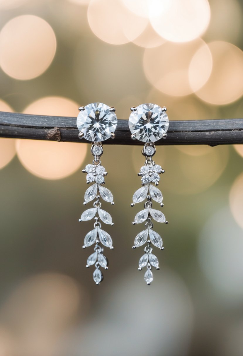 A pair of elegant diamond clip-on earrings adorned with delicate floral designs, perfect for a timeless wedding look