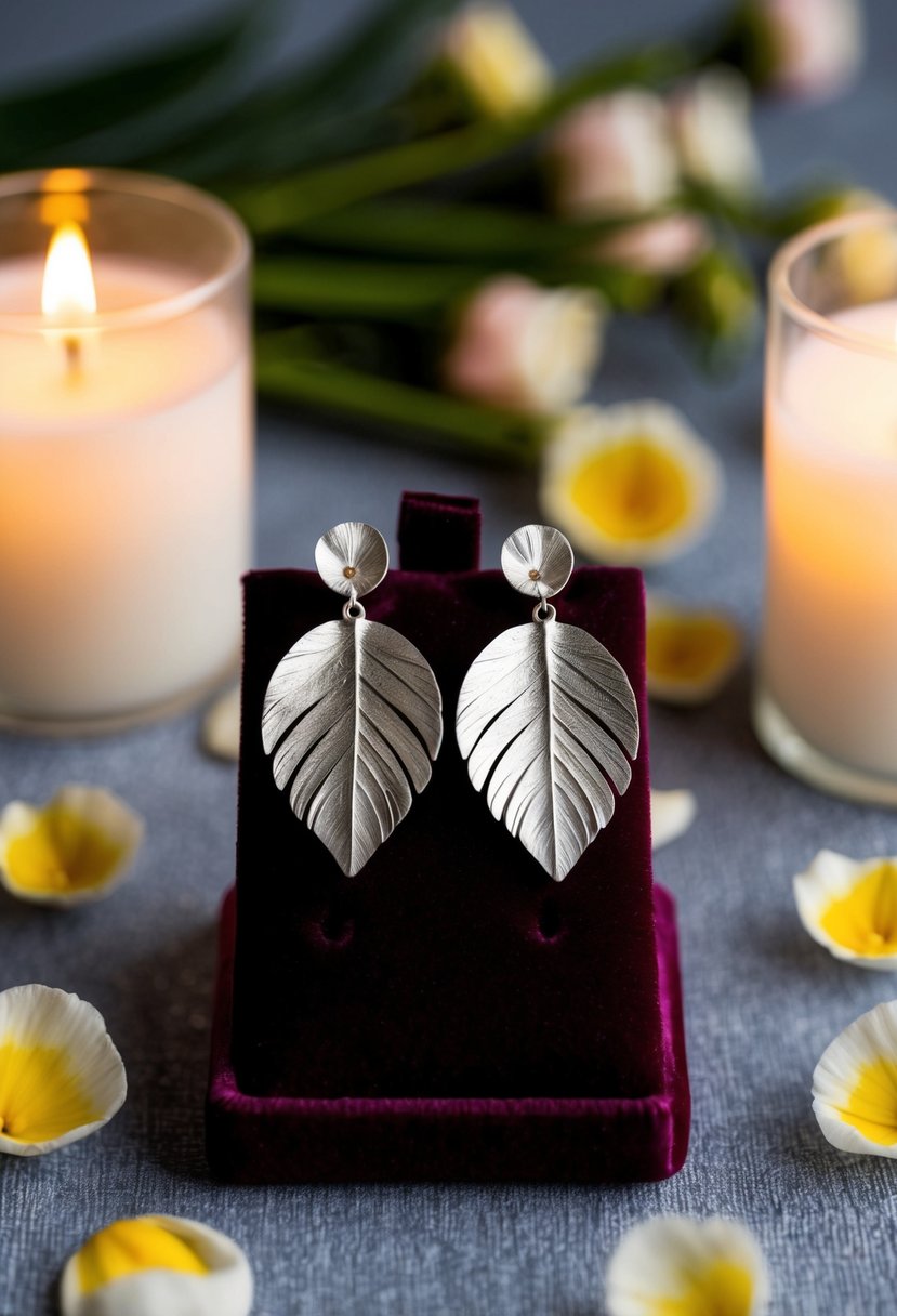 A delicate pair of silver leaf earrings displayed on a velvet cushion, surrounded by scattered flower petals and soft candlelight