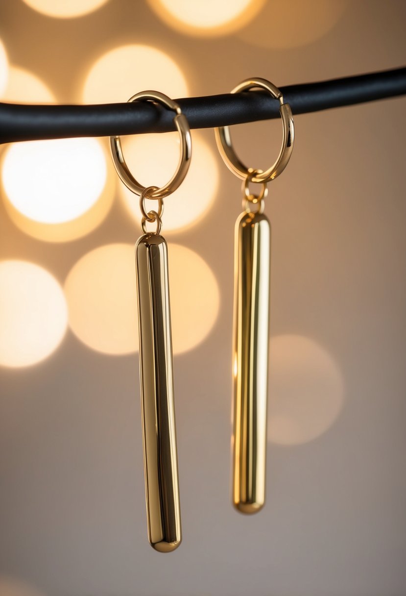 Two elegant gold bars suspended from delicate hoops, casting a warm glow in soft lighting