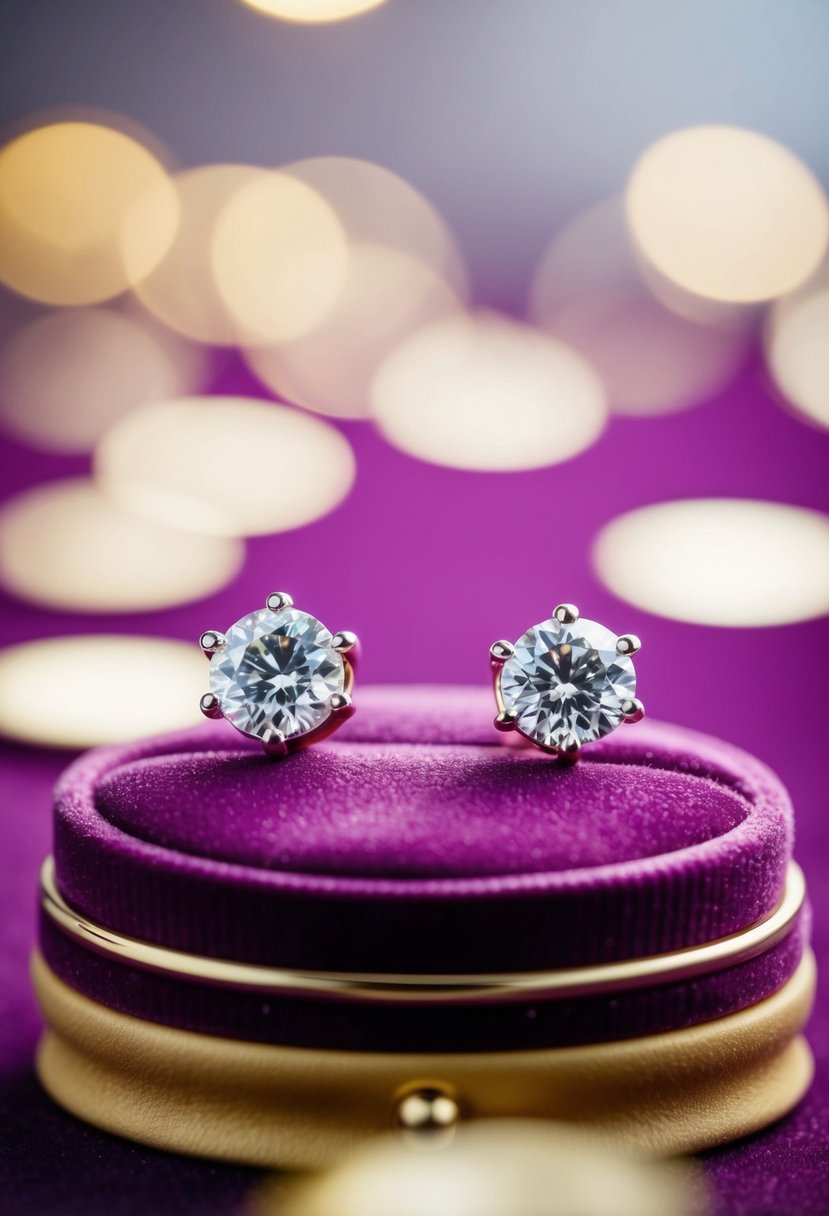 Two elegant diamond studs resting on a velvet jewelry box