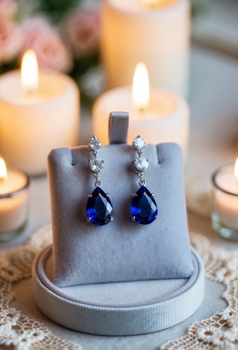 A pair of sapphire teardrop earrings glisten on a velvet jewelry display, surrounded by soft candlelight and delicate lace