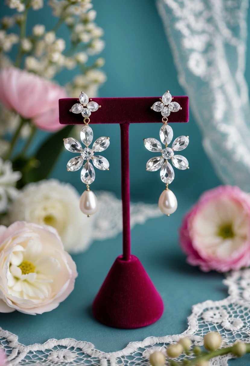 A pair of elegant crystal and pearl cluster earrings displayed on a velvet jewelry stand, surrounded by delicate lace and floral details