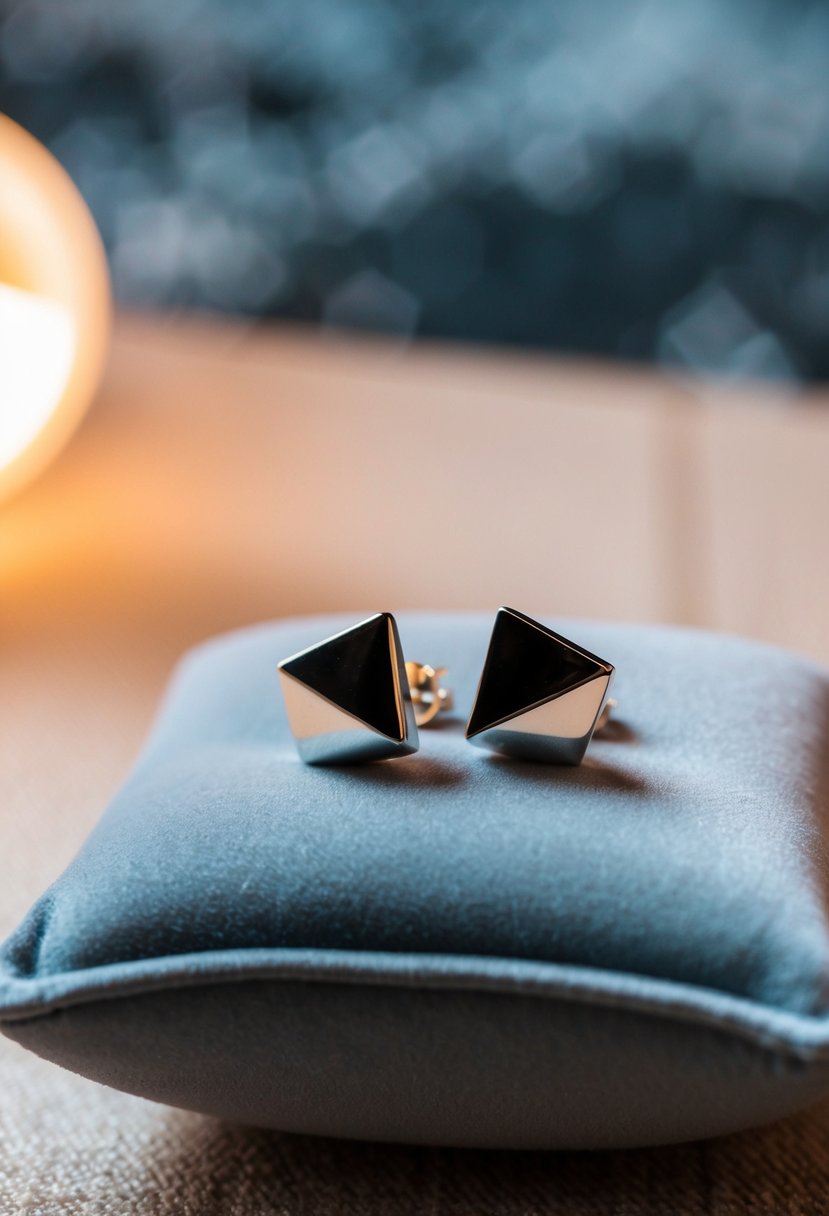 A pair of geometric silver studs displayed on a velvet cushion under soft lighting