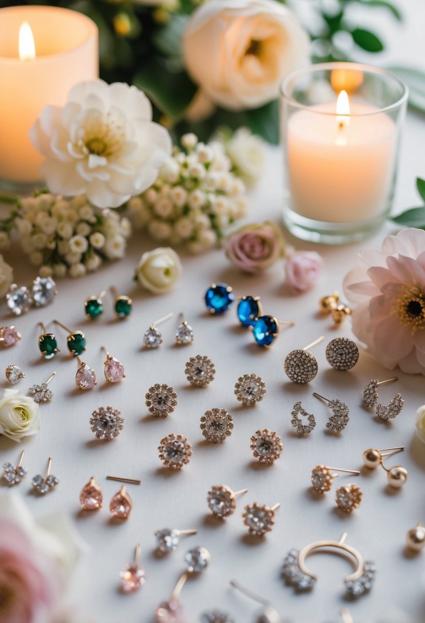 A table scattered with elegant, sparkling wedding earrings in various designs and colors, surrounded by delicate flowers and soft candlelight