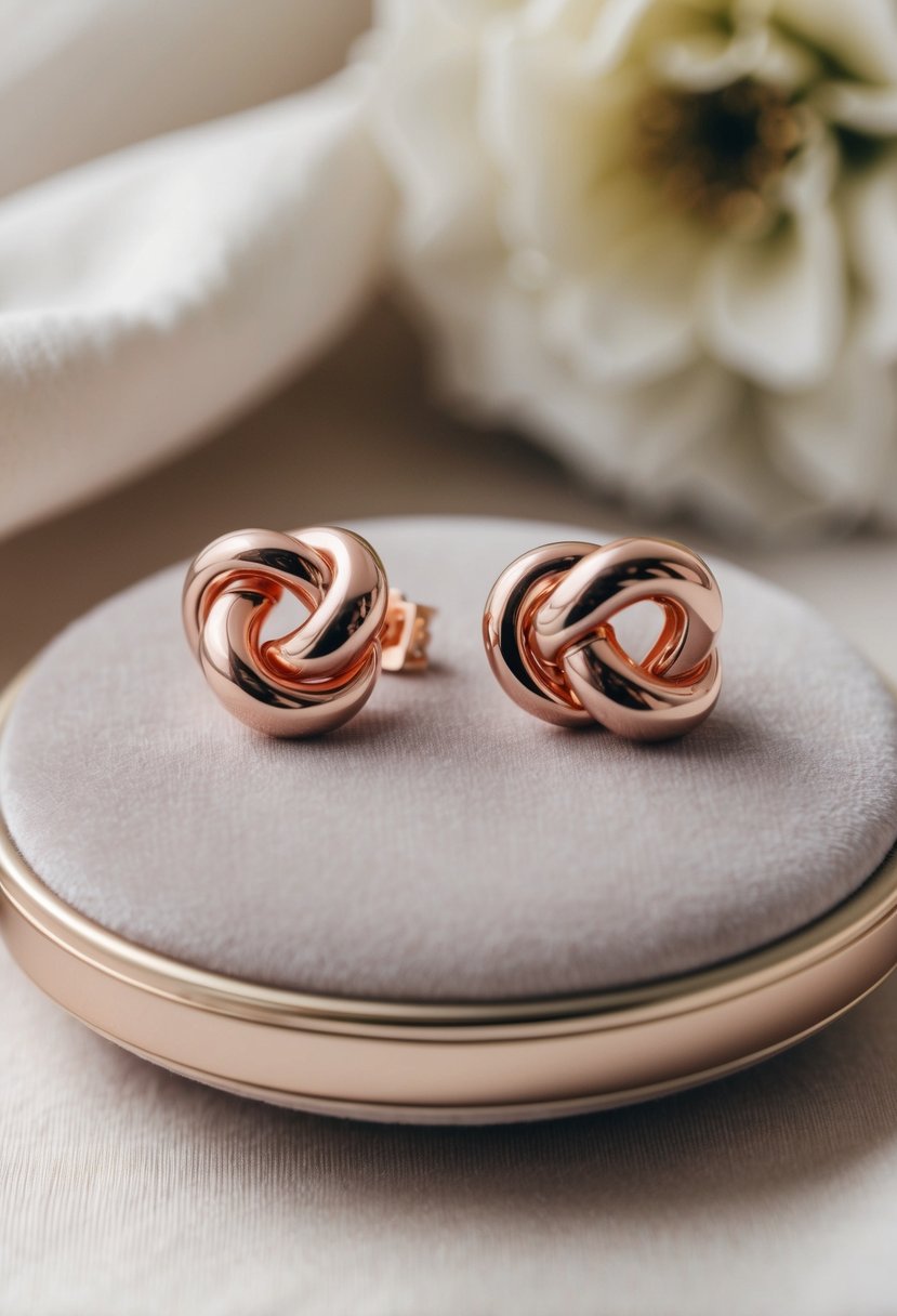 Two rose gold knot studs displayed on a velvet cushion with a soft, elegant background, evoking a sense of sophistication and romance for a mother of the bride