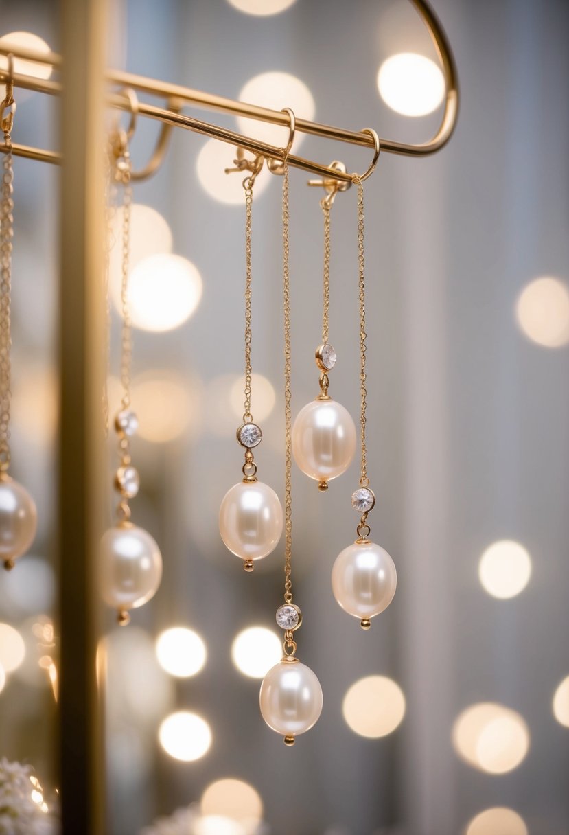 Elegant baroque pearl dangles hang from a delicate display, surrounded by soft, romantic lighting