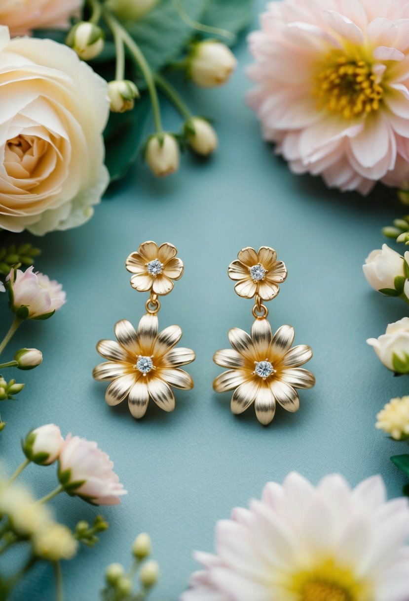 A pair of delicate gold floral drop earrings, surrounded by soft pastel flowers and greenery, creating a romantic and elegant wedding aesthetic