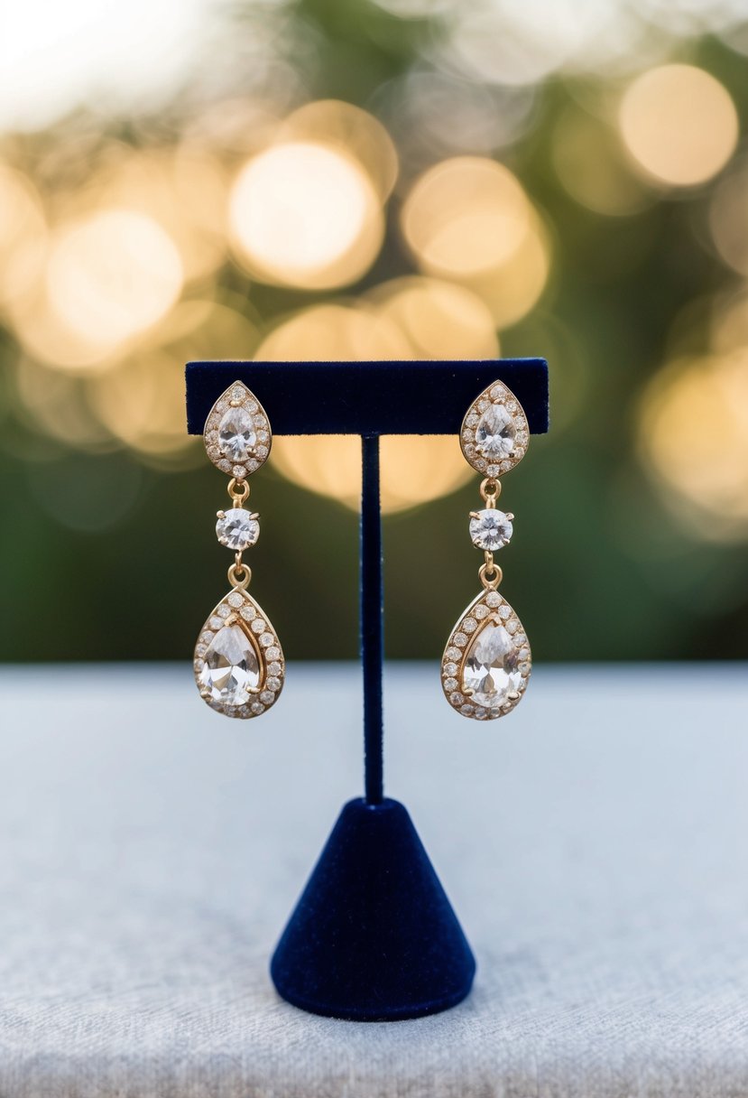 A pair of elegant rhinestone drop earrings displayed on a velvet jewelry stand