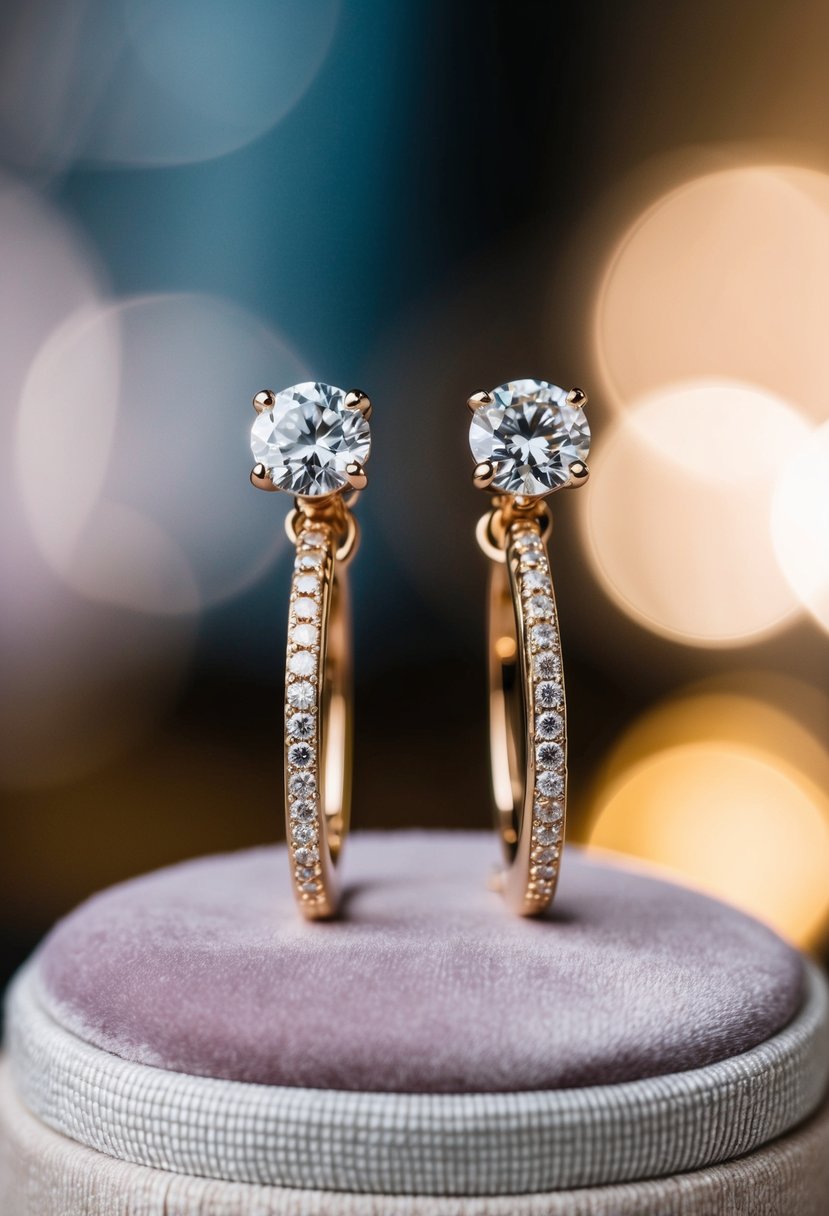 A pair of classic diamond huggie earrings displayed on a velvet cushion in a luxurious and elegant setting