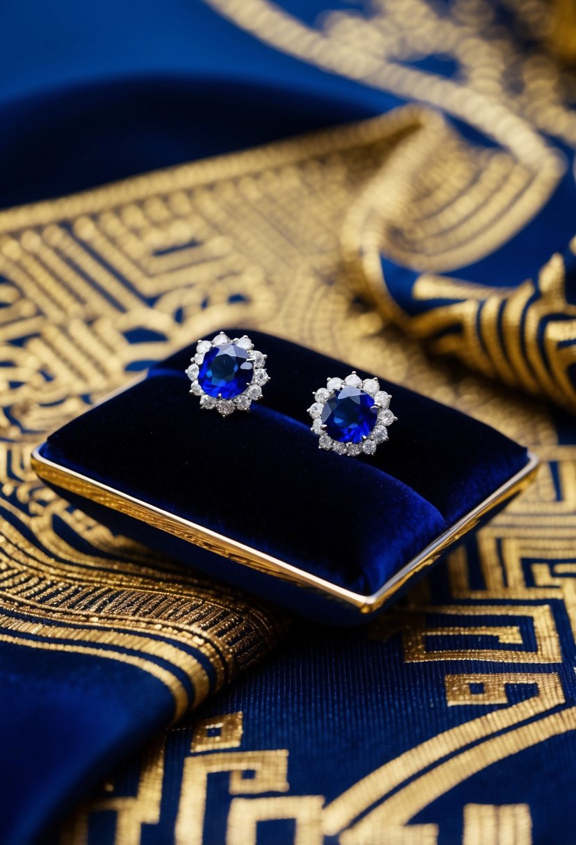 Two sapphire studs on a velvet cushion, surrounded by gilded Art Deco patterns and luxurious fabrics