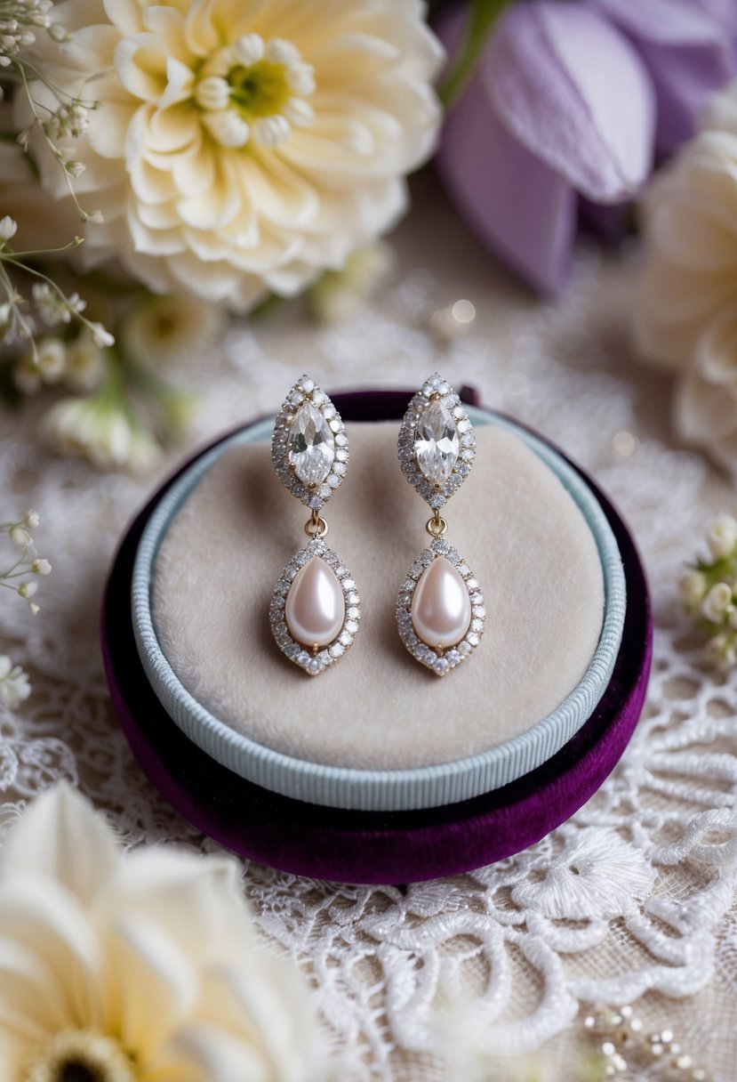 A luxurious pair of pearl and marquise diamond drop earrings displayed on a velvet-lined jewelry tray, surrounded by delicate lace and floral details