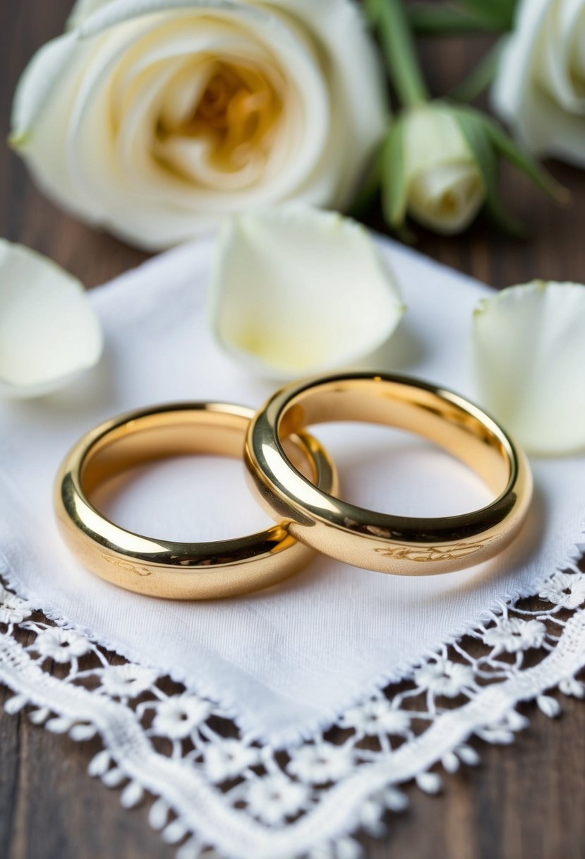 Two elegant gold hoops resting on a delicate lace handkerchief, surrounded by soft white rose petals