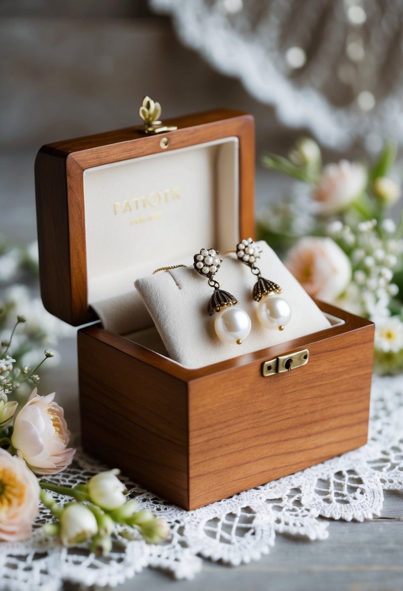 A wooden jewelry box with vintage pearl danglers, surrounded by delicate lace and floral accents