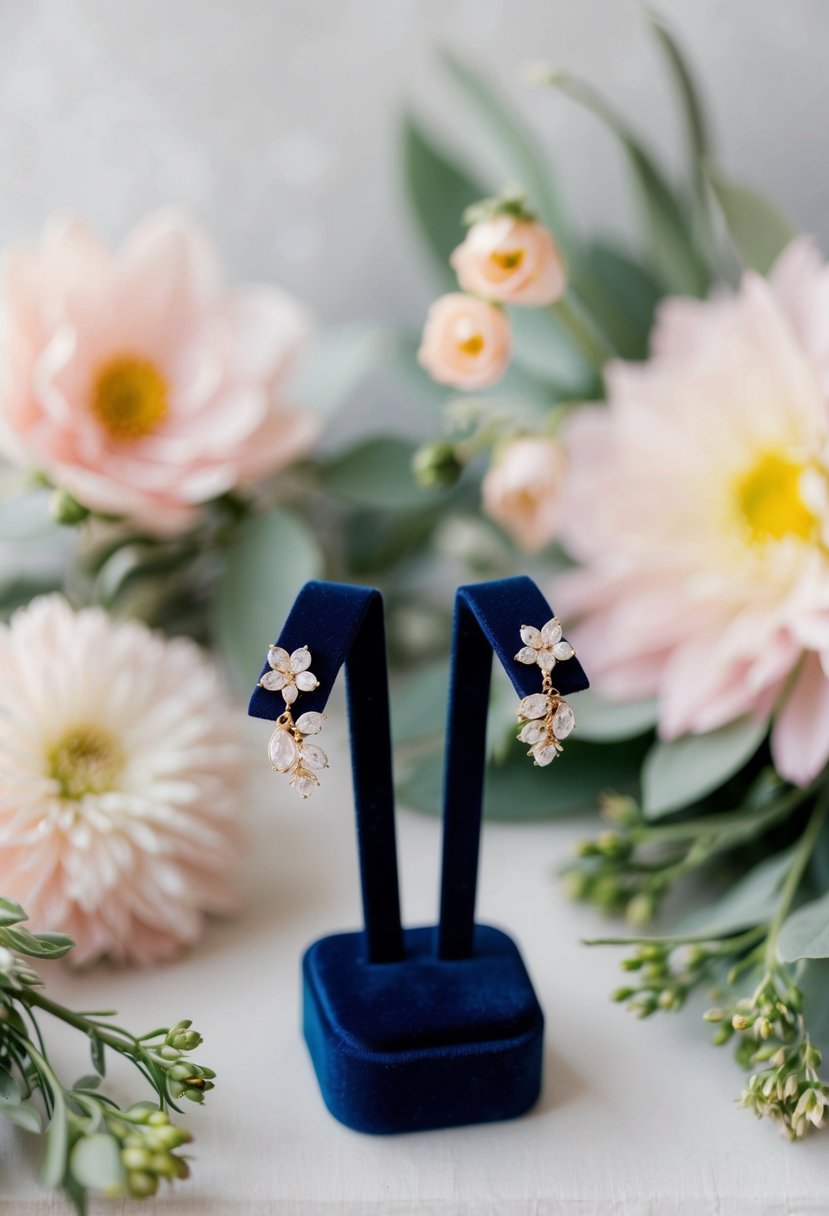 A delicate pair of floral-inspired stud earrings displayed on a velvet jewelry stand, surrounded by soft pastel flowers and greenery