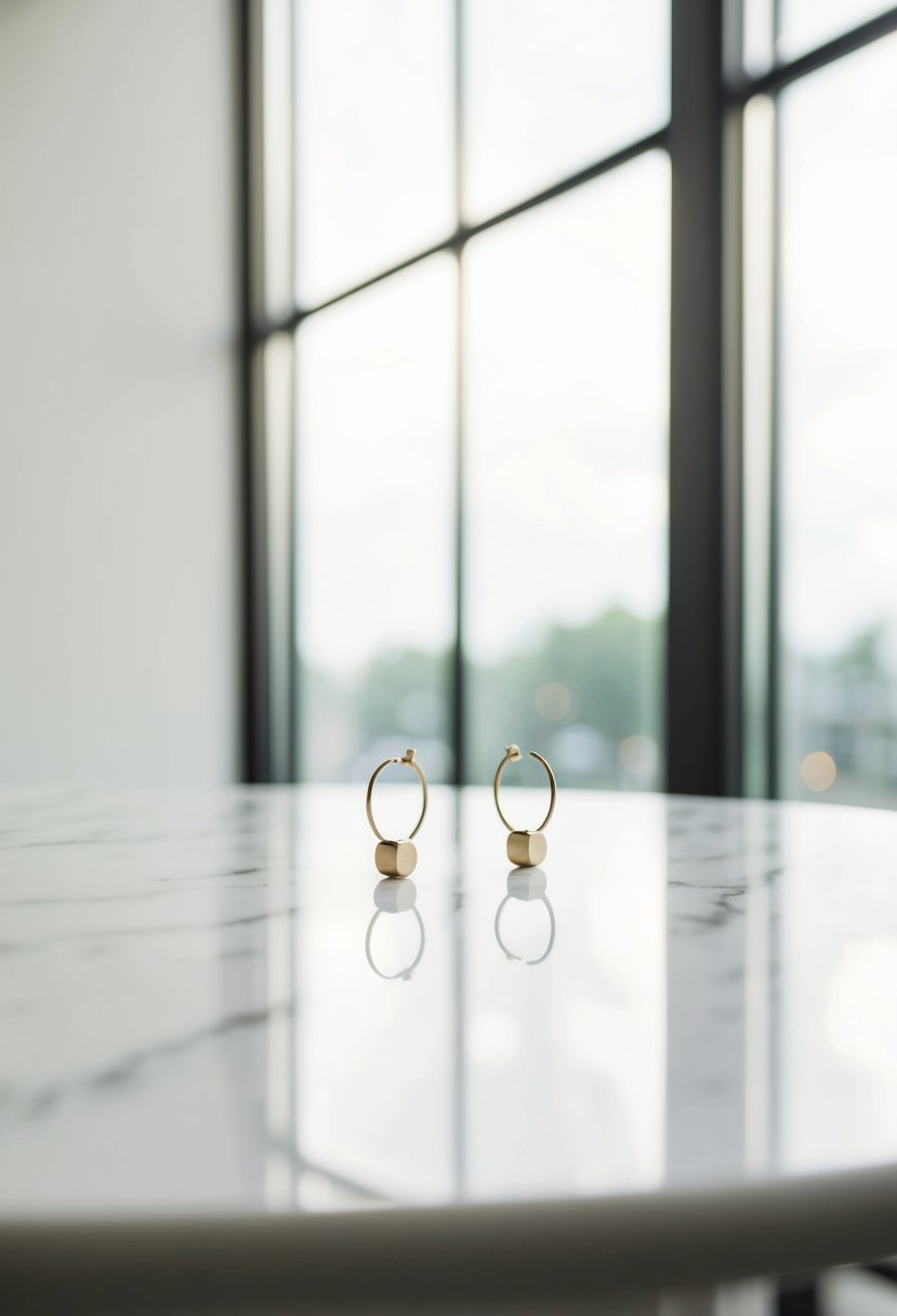 A sleek, white marble table adorned with a pair of minimalist hoop earrings, surrounded by soft, natural light filtering through a large window