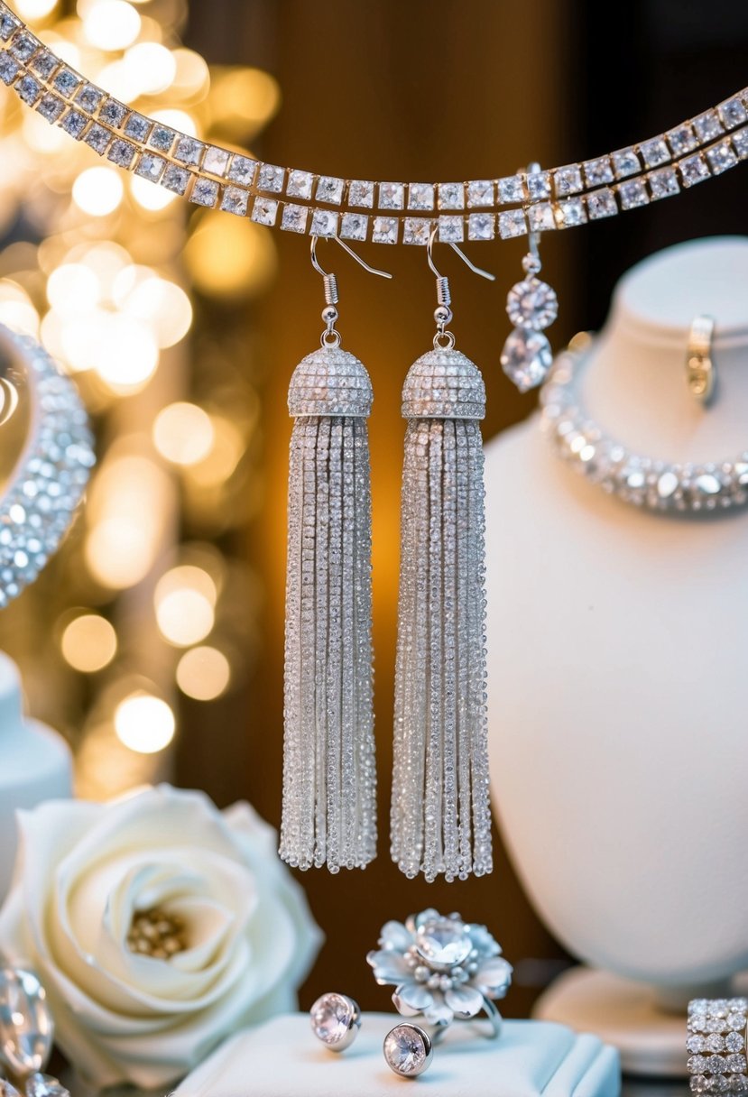 A sparkling pair of tassel earrings hanging from a luxurious jewelry display, surrounded by elegant wedding accessories