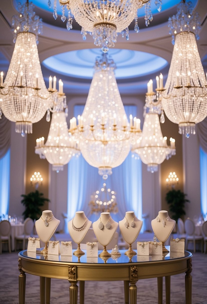 A grand ballroom adorned with celestial-inspired chandeliers, casting a soft, ethereal glow over a display of elegant wedding earring ideas