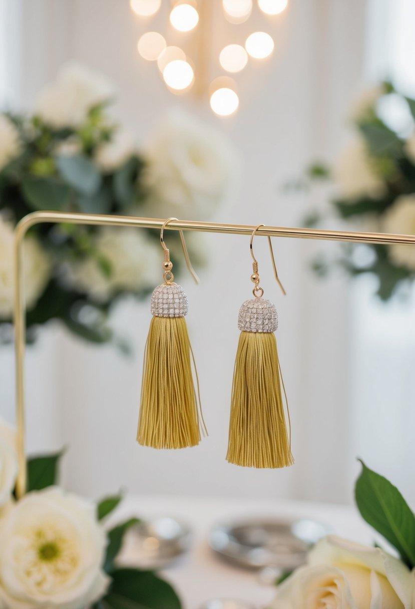 A pair of bold statement tassel earrings in a wedding setting with elegant decor and soft lighting