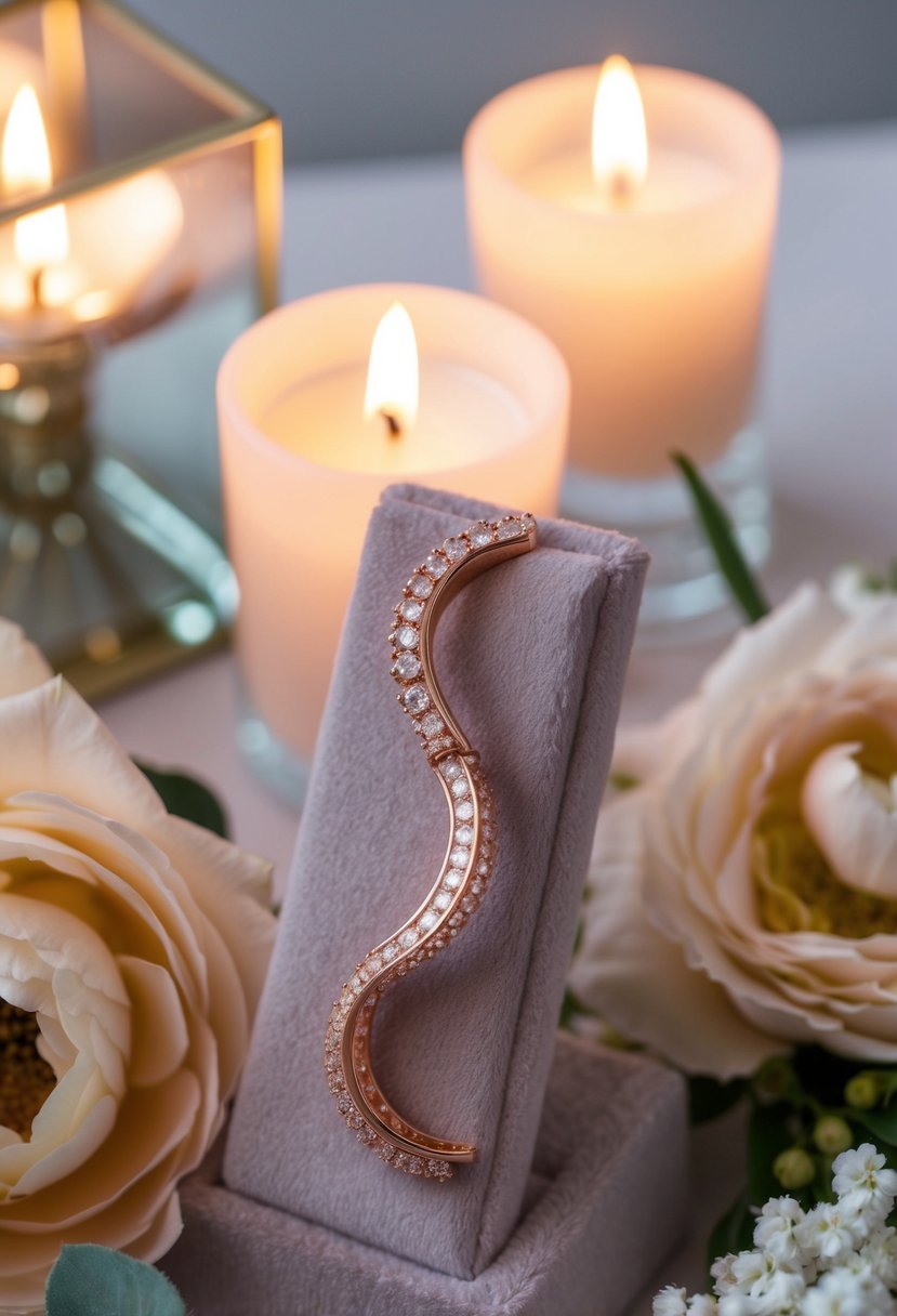 A delicate rose gold earring crawls up a velvet jewelry display, surrounded by soft candlelight and floral arrangements