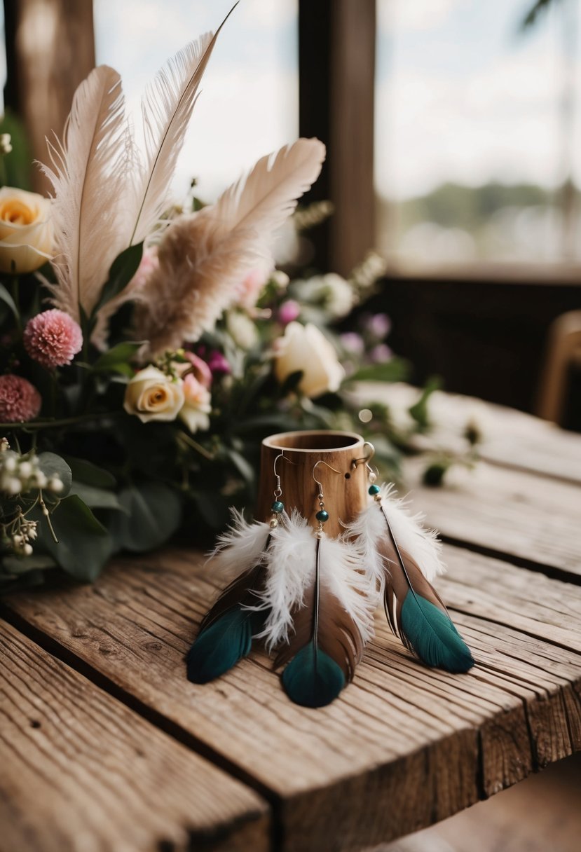 A rustic wooden table adorned with bohemian feather earrings and delicate florals