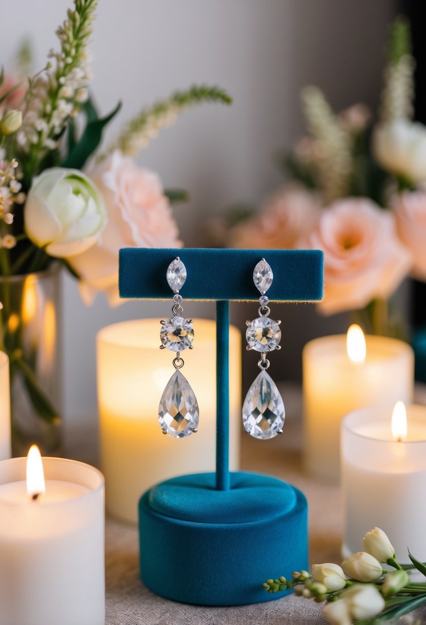 Elegant crystal drop earrings on a velvet display, surrounded by soft candlelight and delicate floral arrangements