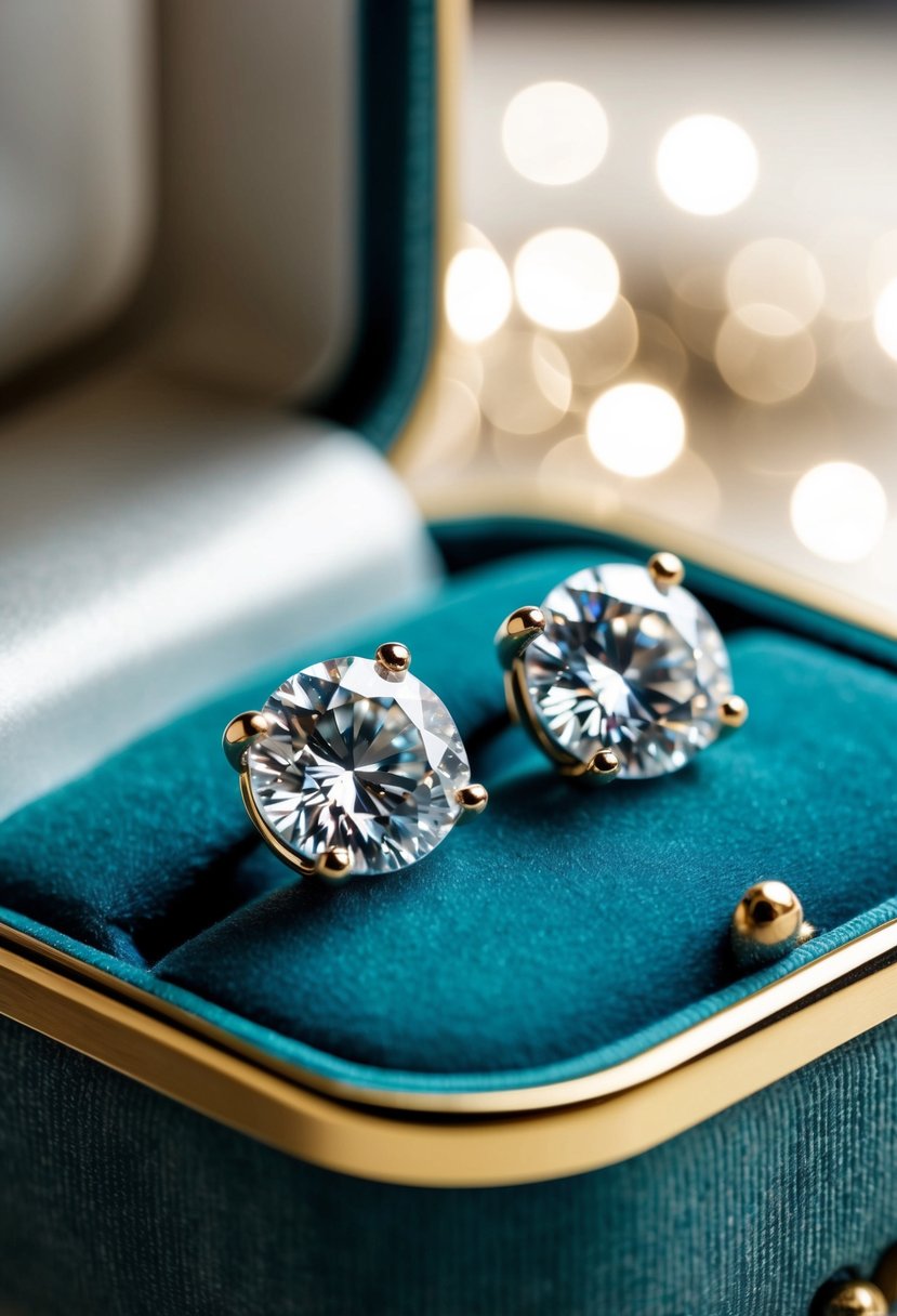 Two timeless diamond studs nestled in a velvet jewelry box, catching the light with their sparkling brilliance