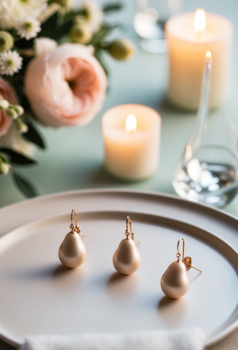 A table set with delicate pear-shaped earrings in a soft, romantic setting with flowers and candles