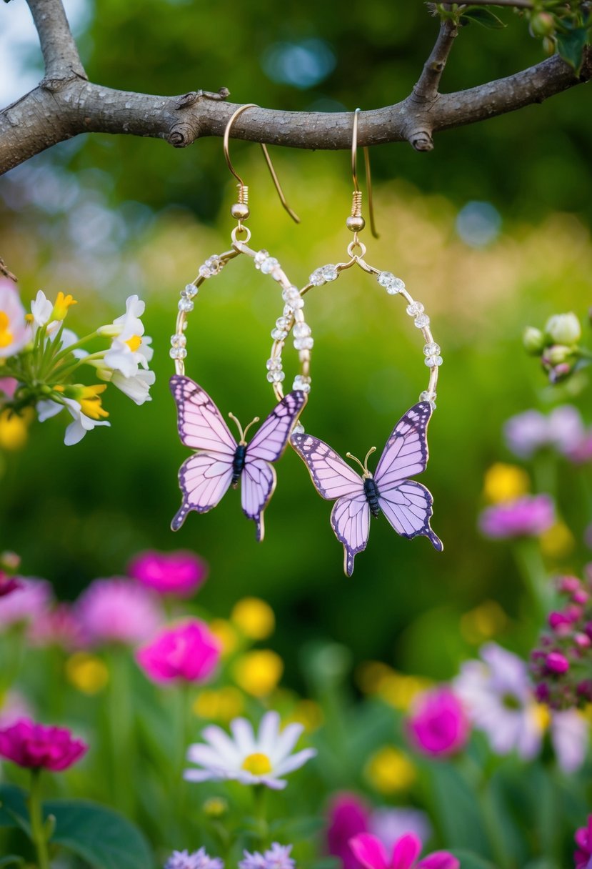 A garden of vibrant flowers with delicate butterfly hoops hanging from tree branches, creating a whimsical and enchanting wedding earring aesthetic