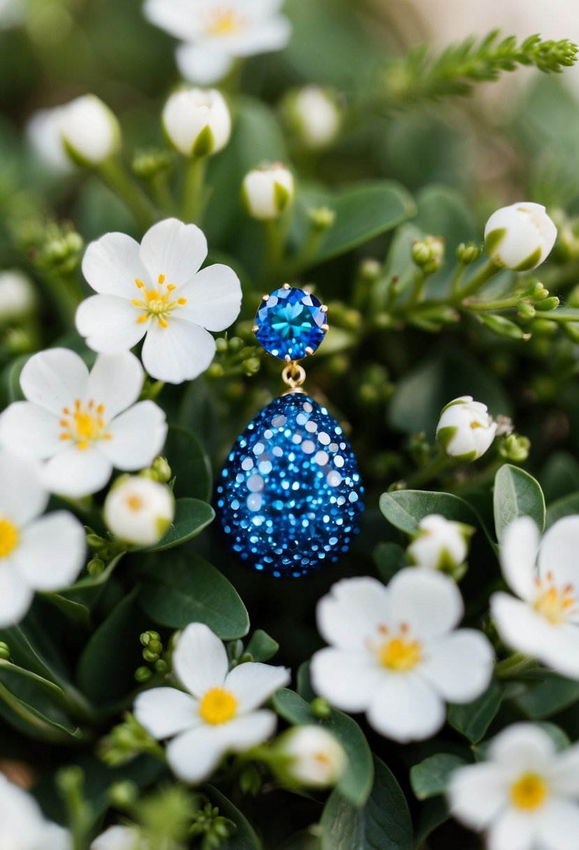 A sparkling blue earring surrounded by delicate white flowers and green foliage