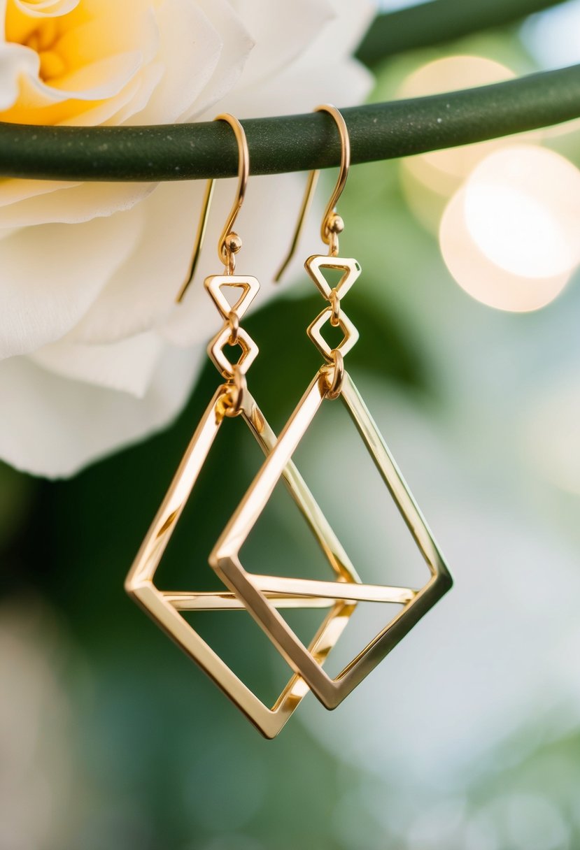 Geometric gold triangles dangle from a delicate earring, catching the light in a modern and elegant wedding aesthetic