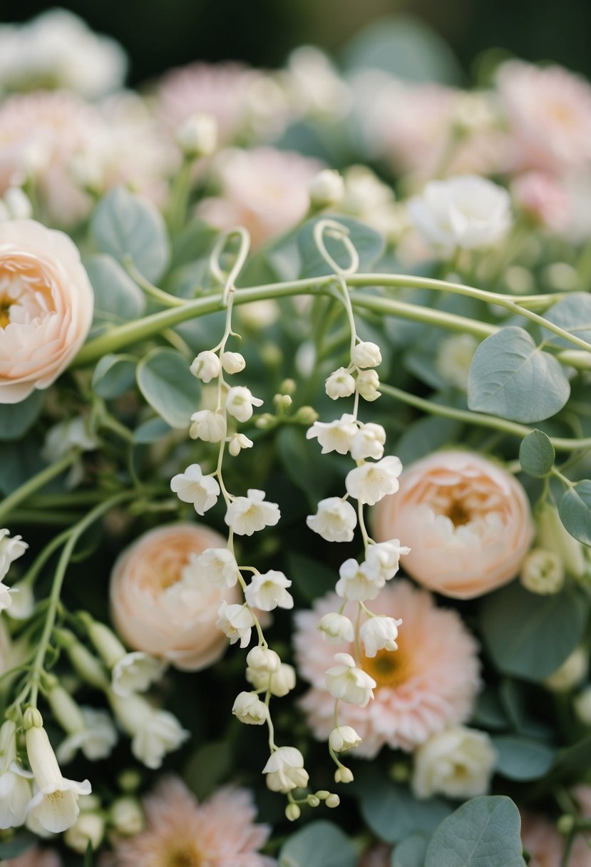 A pair of delicate vine ear climbers draped over a bed of soft, pastel-colored flowers, evoking a romantic and ethereal wedding aesthetic