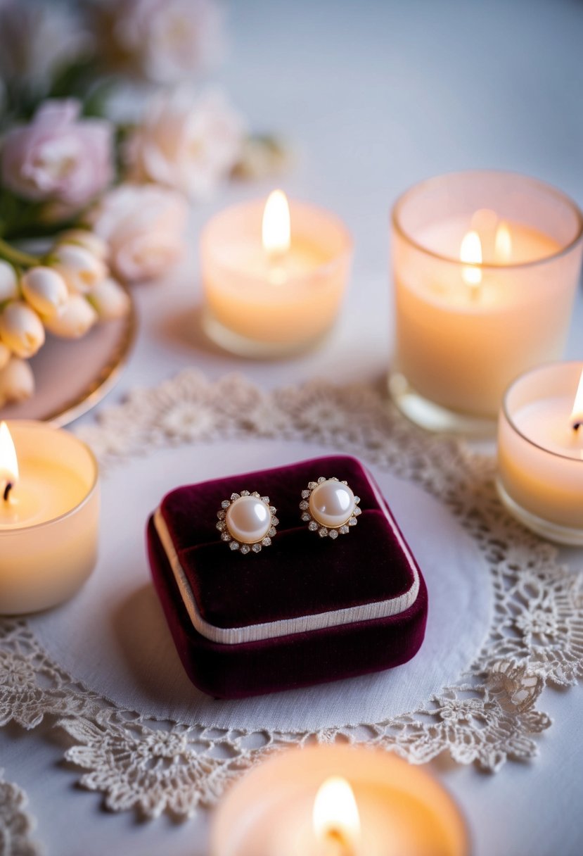 A pair of classic pearl studs elegantly displayed on a velvet cushion, surrounded by soft candlelight and delicate lace