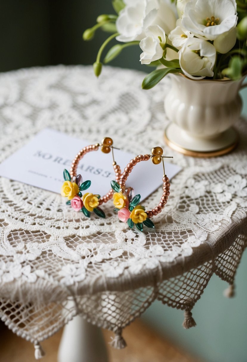 A delicate pair of beaded and floral-inspired earrings displayed on a lace-covered antique table