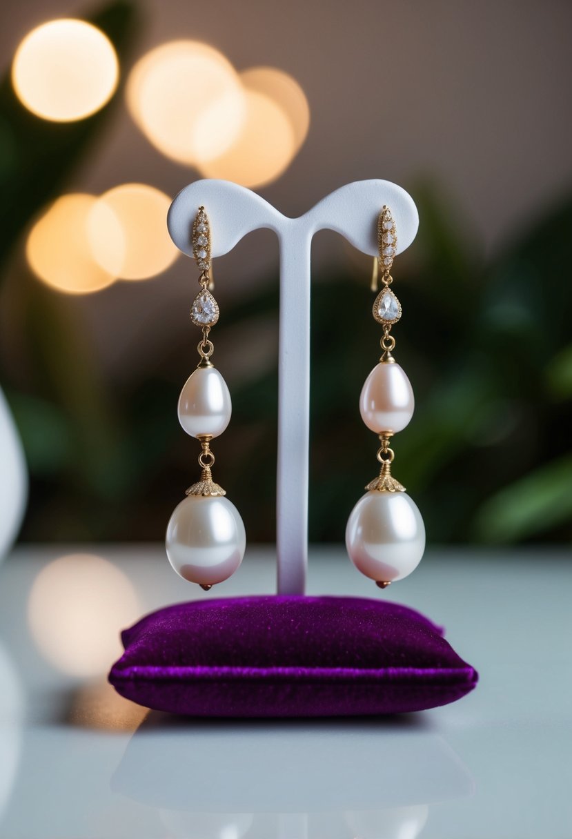 A delicate handcrafted pair of vintage pearl drop earrings displayed on a velvet cushion with soft lighting