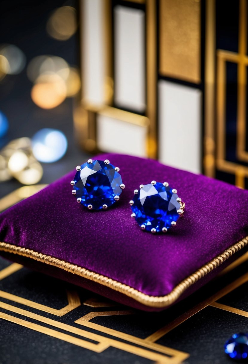 Two sapphire studs on a velvet cushion, surrounded by art deco design elements