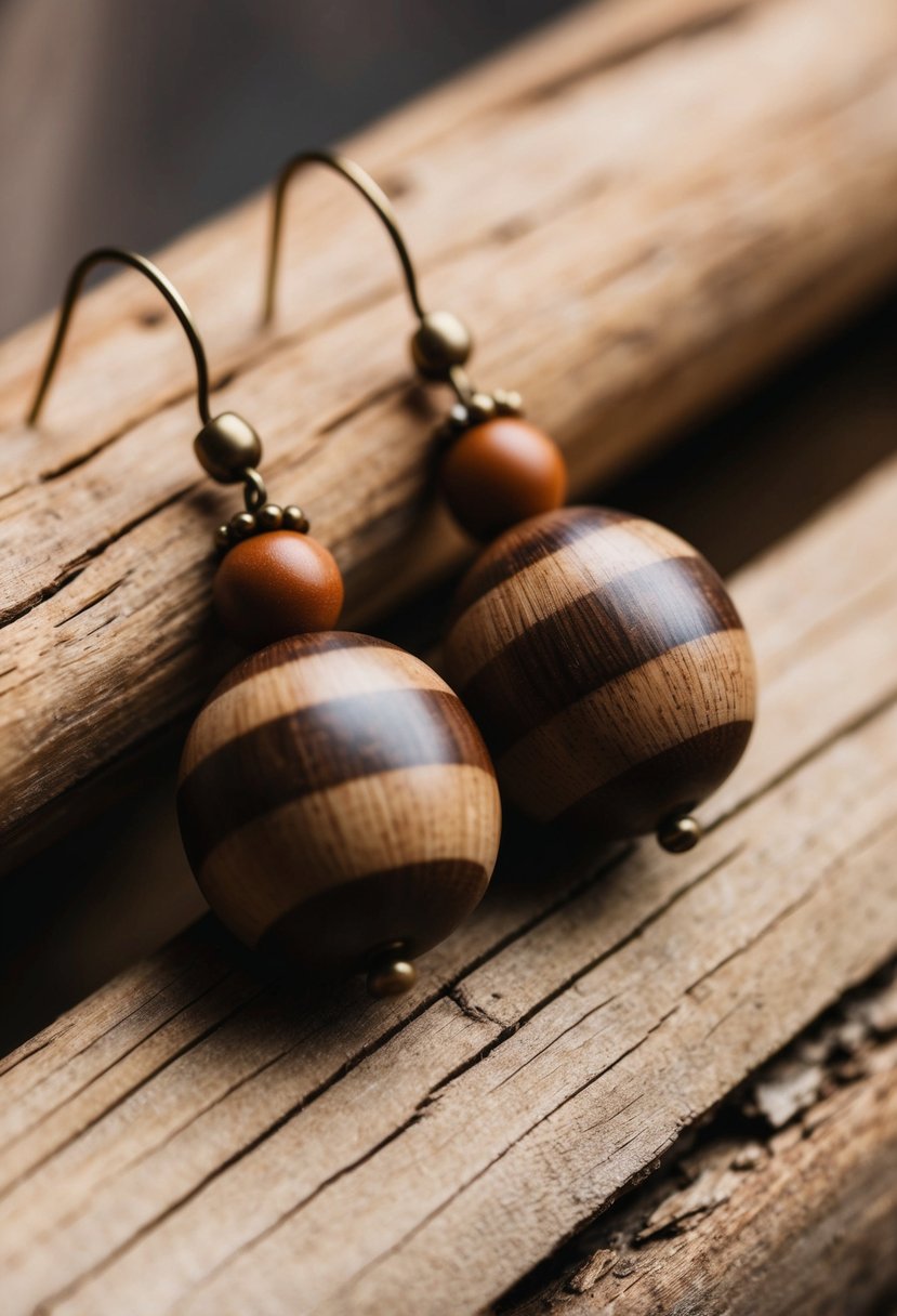 A pair of rustic wood and bead earrings displayed on a natural wood surface with soft, diffused lighting