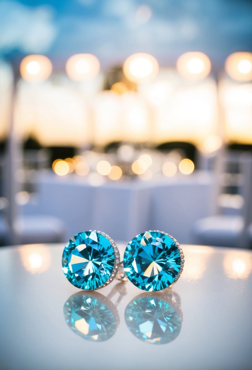 A pair of Swarovski crystal aqua glitter earrings sparkling under soft lighting, with a romantic wedding setting in the background