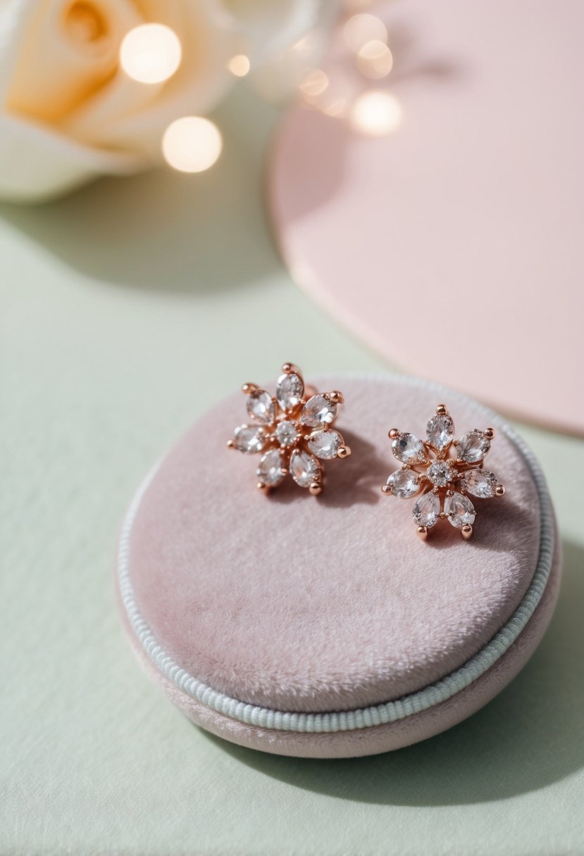 A delicate pair of rose gold floral earrings, intricately crafted with sparkling gemstones, displayed on a velvet cushion against a soft pastel backdrop