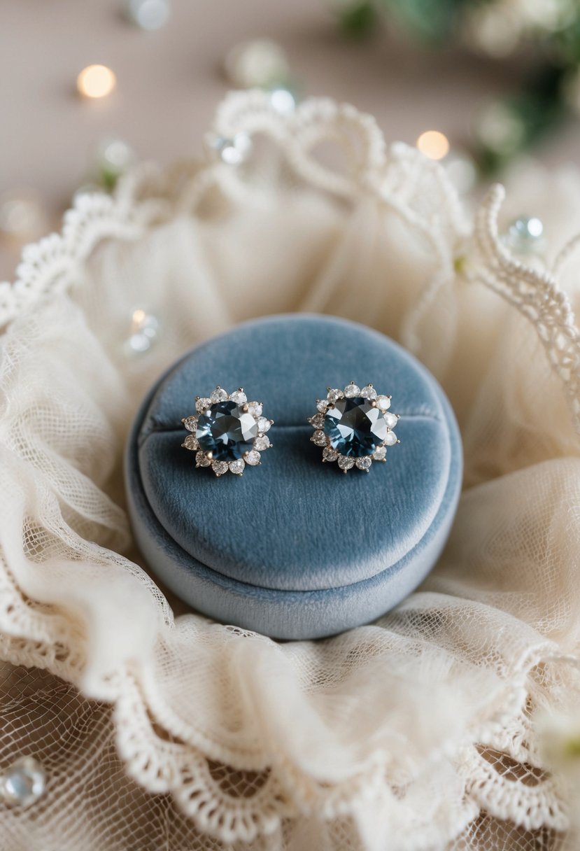 A pair of Dusty Blue Swarovski Bridal Earrings displayed on a velvet cushion, surrounded by delicate lace and shimmering in the soft light